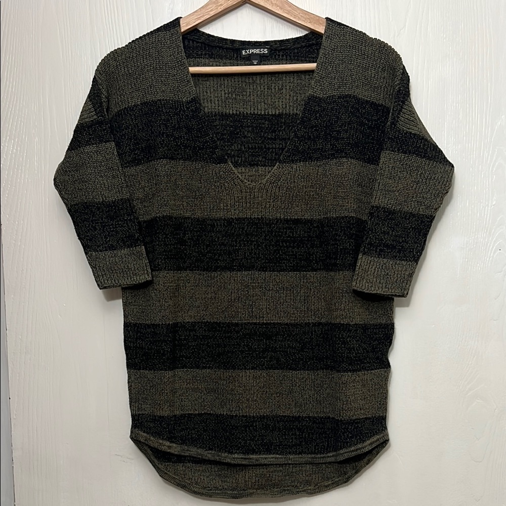 Express Women's Striped Sweater - Black and Green